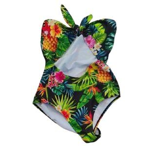 🚨5 For $25🚨 Black One-Piece Swim Garment with Colorful Tropical Floral Accent